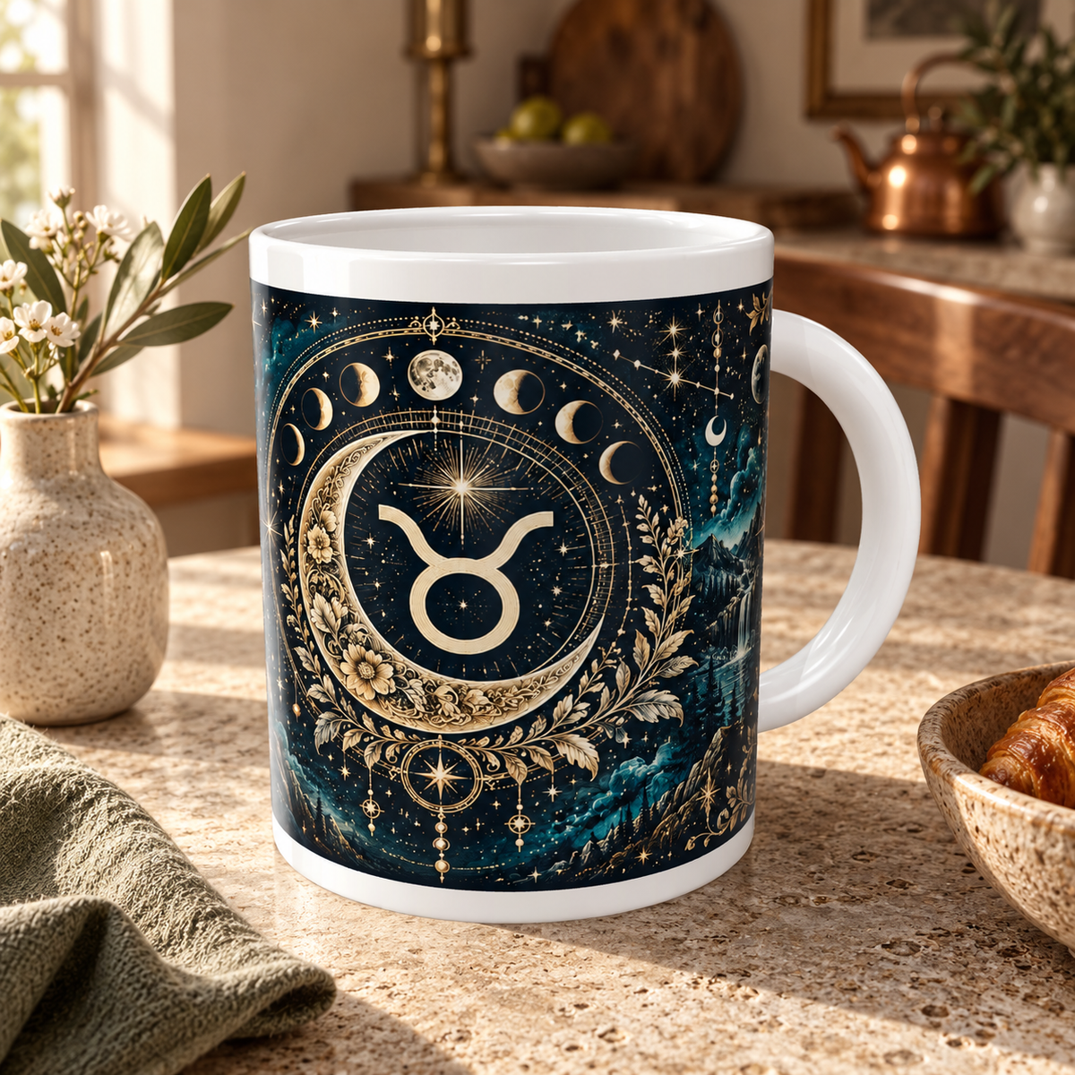 Taurus Celestial zodiac wraparound mug, back view with white top and bottom borders