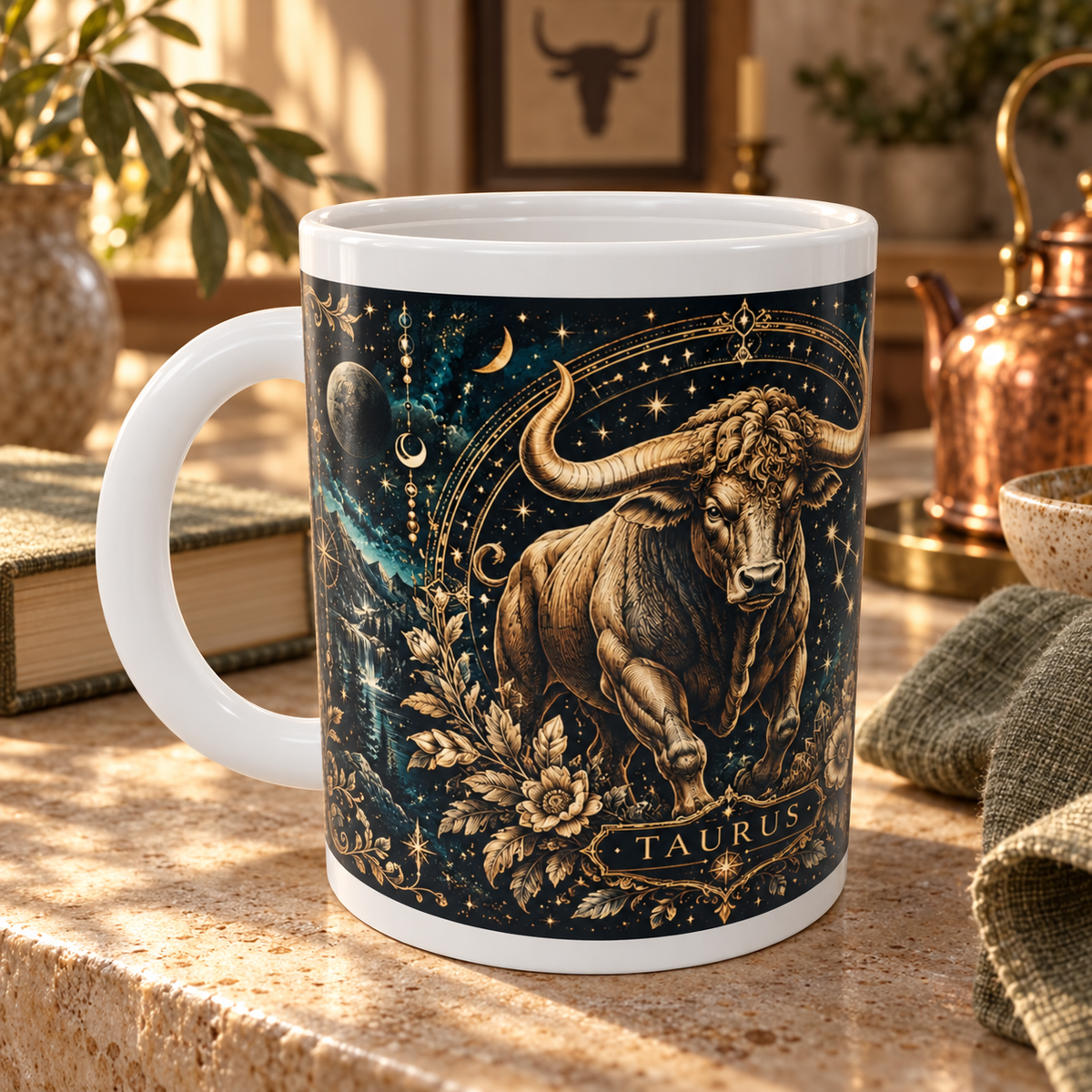 Taurus Celestial zodiac wraparound mug, detail view with white top and bottom borders