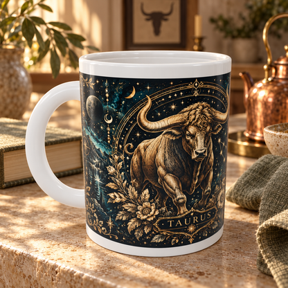 Taurus Celestial zodiac wraparound mug, detail view with white top and bottom borders