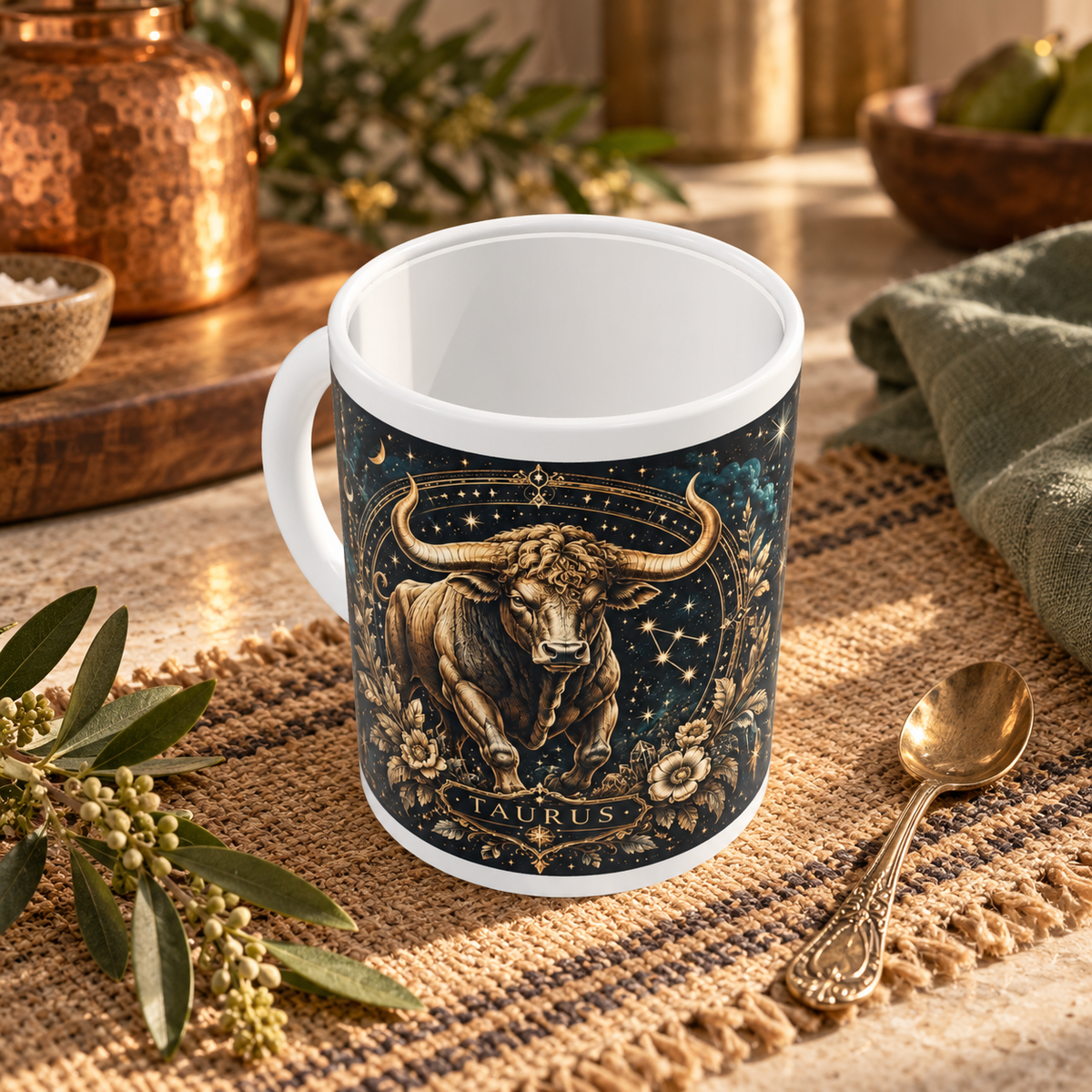 Taurus Celestial zodiac wraparound mug, above view with white top and bottom borders