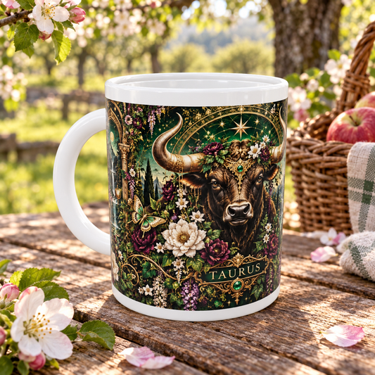 Taurus Enchanted Garden zodiac wraparound mug, front view with white top and bottom borders