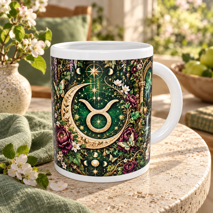 Taurus Enchanted Garden zodiac wraparound mug, back view with white top and bottom borders