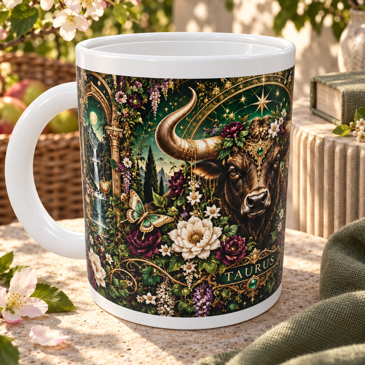 Taurus Enchanted Garden zodiac wraparound mug, detail view with white top and bottom borders