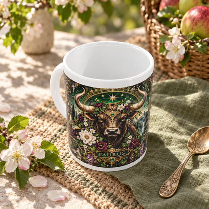Taurus Enchanted Garden zodiac wraparound mug, above view with white top and bottom borders