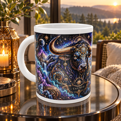 Taurus Cosmic Tapestry zodiac wraparound mug, front view with white top and bottom borders