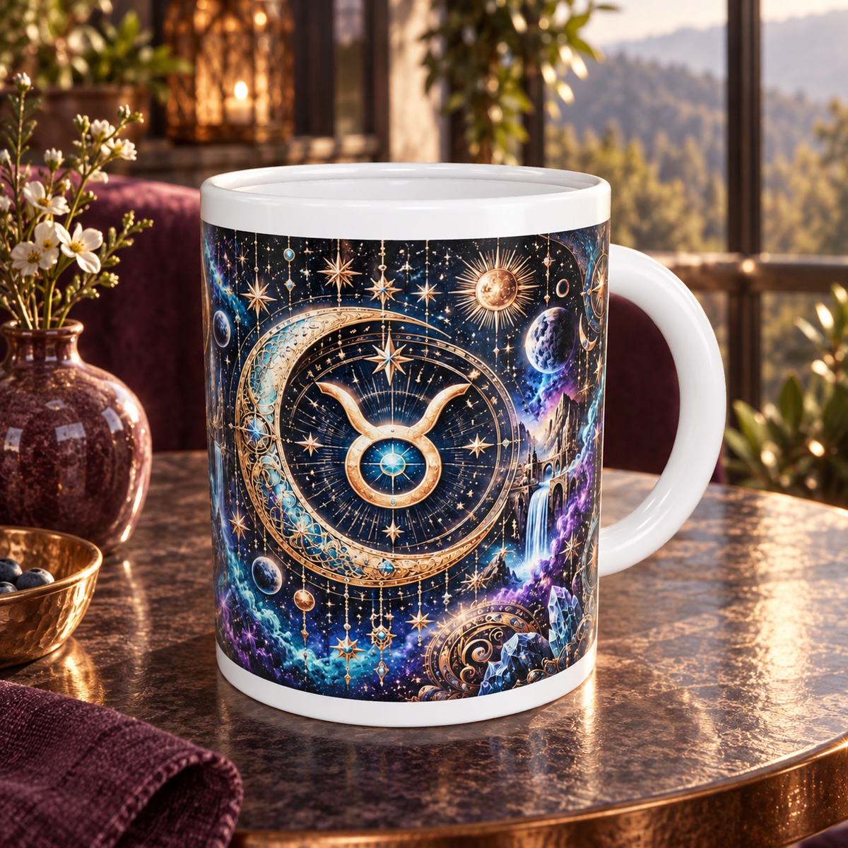 Taurus Cosmic Tapestry zodiac wraparound mug, back view with white top and bottom borders