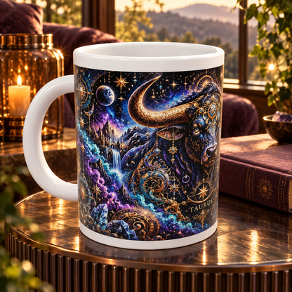 Taurus Cosmic Tapestry zodiac wraparound mug, detail view with white top and bottom borders