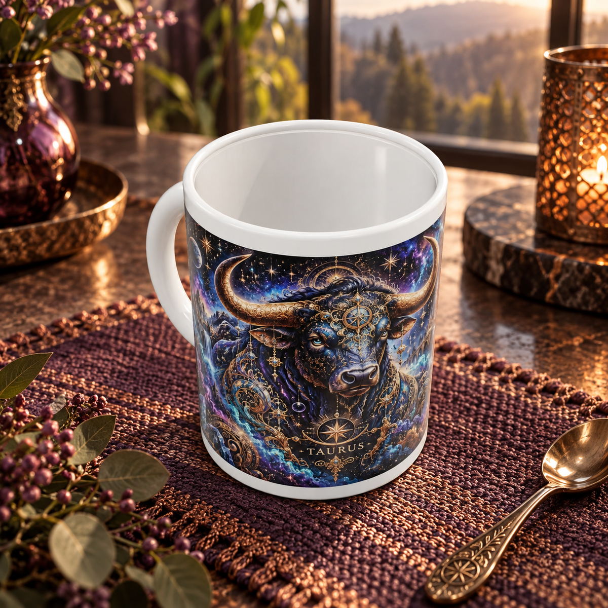 Taurus Cosmic Tapestry zodiac wraparound mug, above view with white top and bottom borders