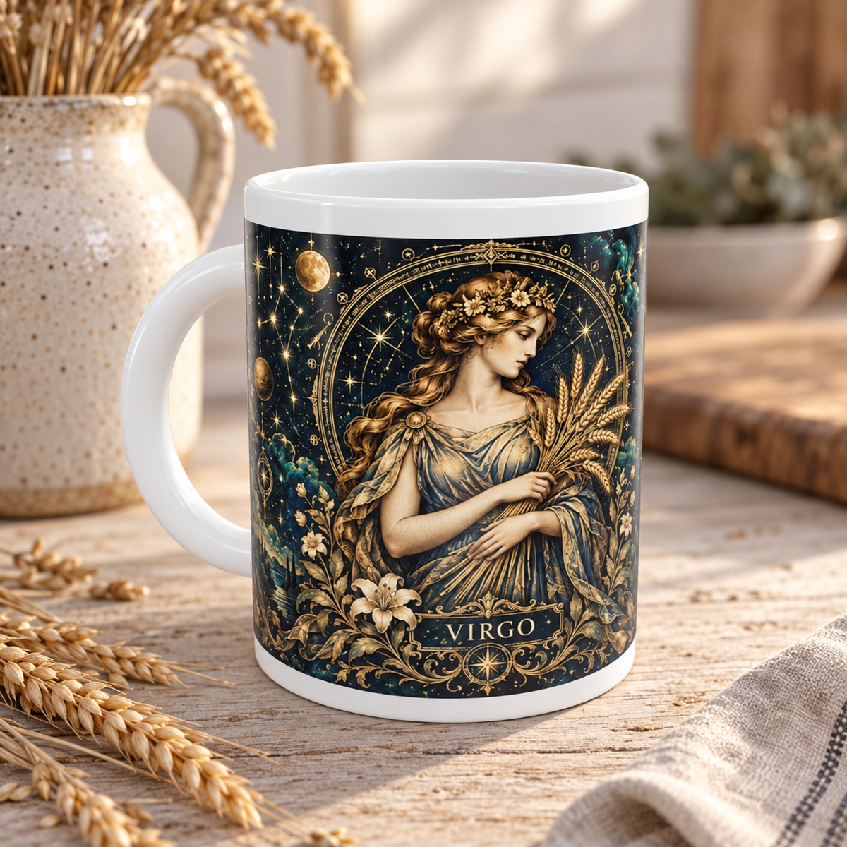 Virgo Celestial zodiac wraparound mug, front view with white top and bottom borders