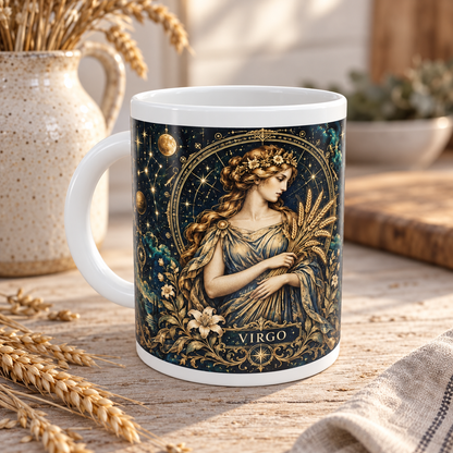 Virgo Celestial zodiac wraparound mug, front view with white top and bottom borders