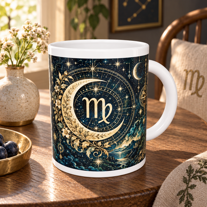 Virgo Celestial zodiac wraparound mug, back view with white top and bottom borders