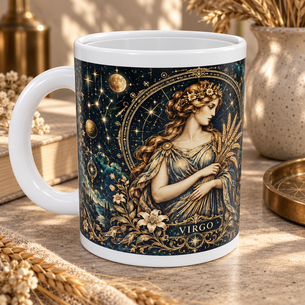 Virgo Celestial zodiac wraparound mug, detail view with white top and bottom borders