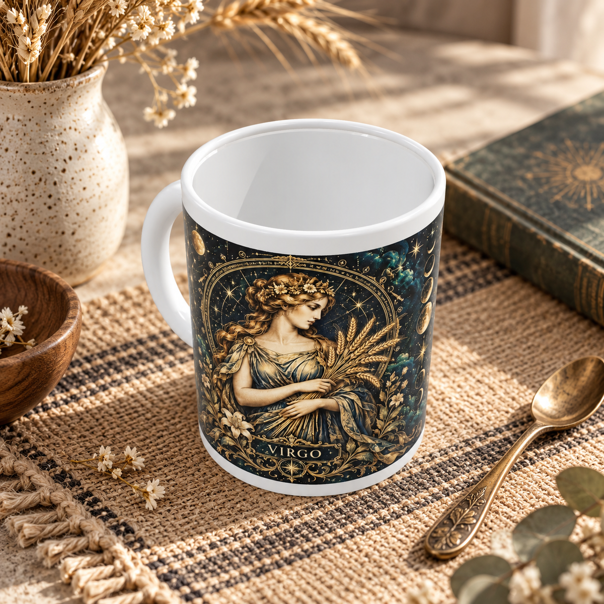 Virgo Celestial zodiac wraparound mug, above view with white top and bottom borders