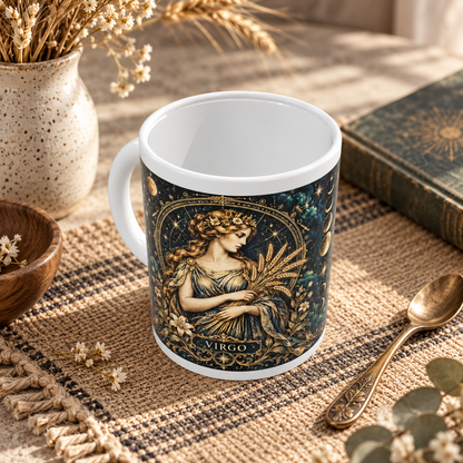 Virgo Celestial zodiac wraparound mug, above view with white top and bottom borders