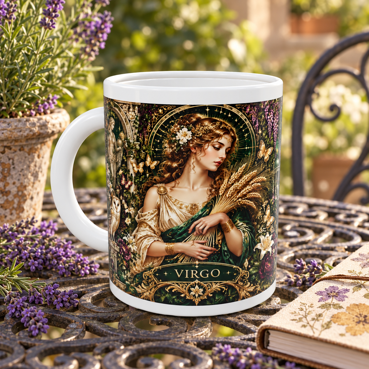 Virgo Enchanted Garden zodiac wraparound mug, front view with white top and bottom borders