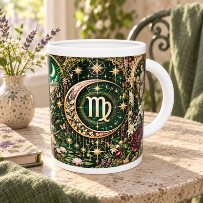 Virgo Enchanted Garden zodiac wraparound mug, back view with white top and bottom borders