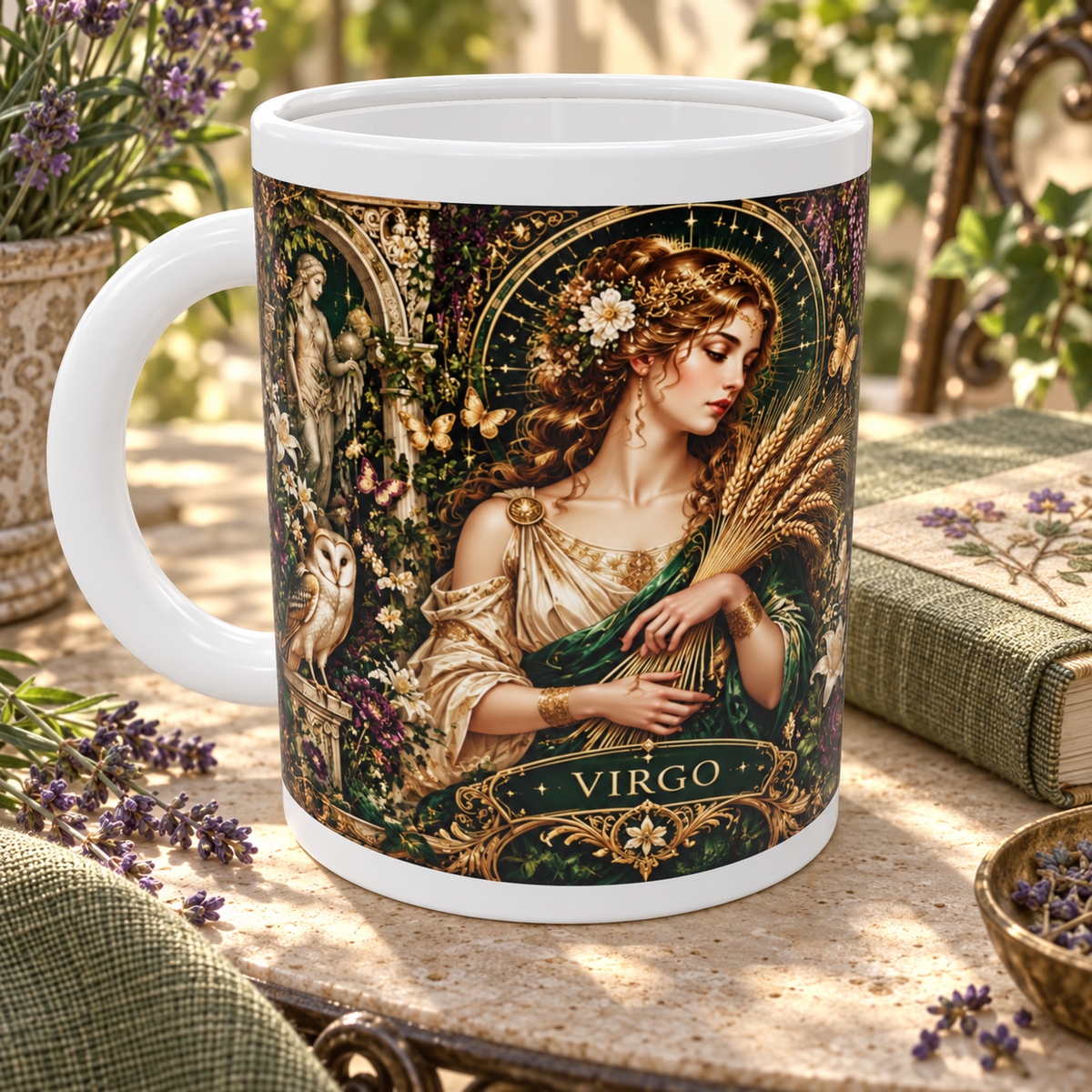 Virgo Enchanted Garden zodiac wraparound mug, detail view with white top and bottom borders
