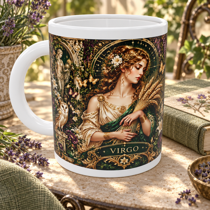 Virgo Enchanted Garden zodiac wraparound mug, detail view with white top and bottom borders