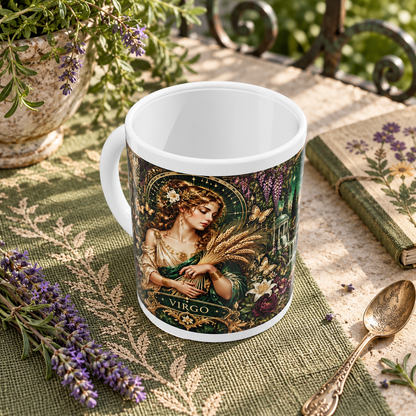 Virgo Enchanted Garden zodiac wraparound mug, above view with white top and bottom borders