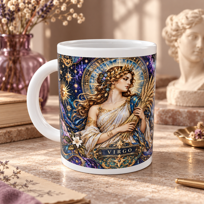Virgo Cosmic Tapestry zodiac wraparound mug, front view with white top and bottom borders