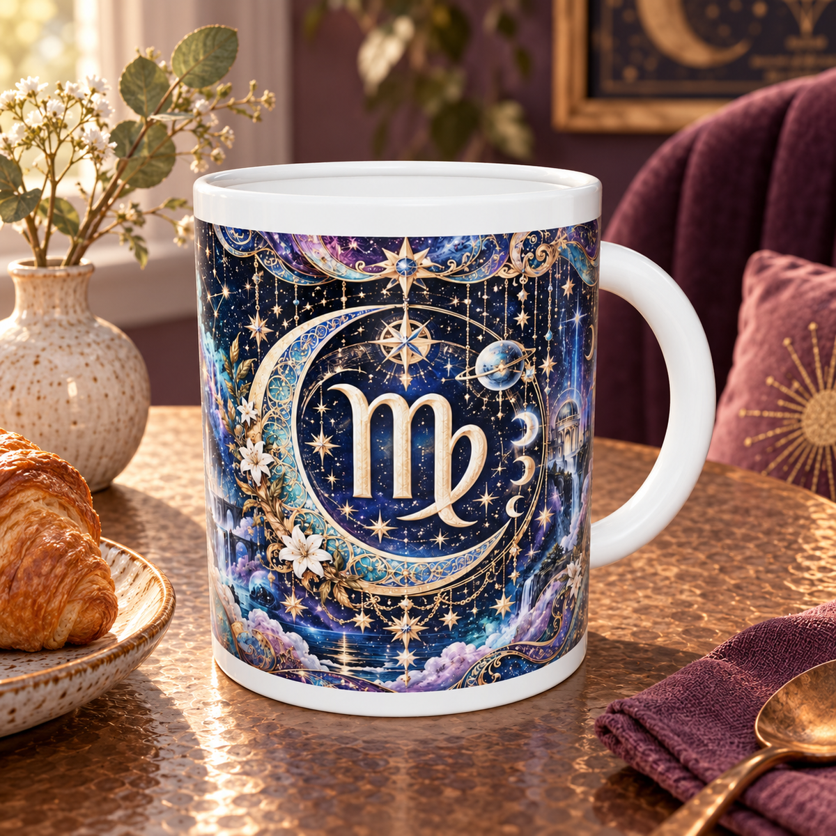 Virgo Cosmic Tapestry zodiac wraparound mug, back view with white top and bottom borders
