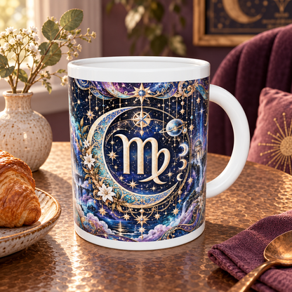 Virgo Cosmic Tapestry zodiac wraparound mug, back view with white top and bottom borders