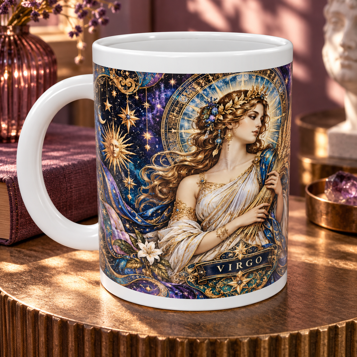 Virgo Cosmic Tapestry zodiac wraparound mug, detail view with white top and bottom borders