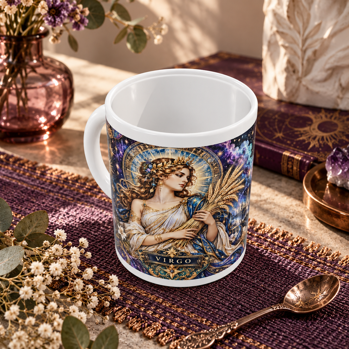 Virgo Cosmic Tapestry zodiac wraparound mug, above view with white top and bottom borders