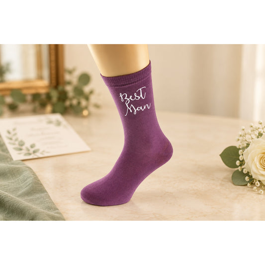 Purple Best Man socks in a muted wedding setting