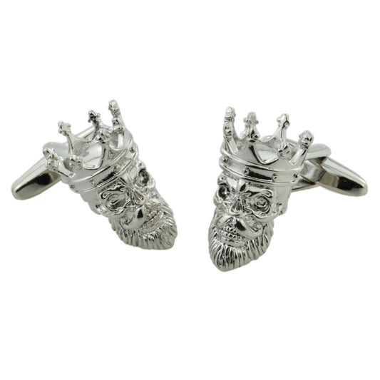 Rhodium Plated Skull with Beard and Crown Design Cufflinks | Ashton and Finch