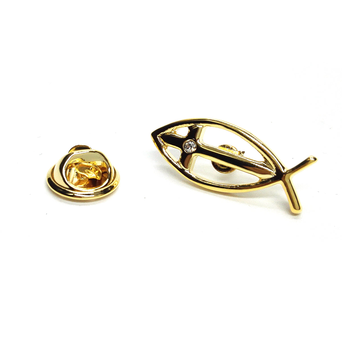 Gold Plated Ichthus Religion Religious Lapel Pin Badge with Crystal Cross