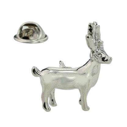 Rhodium Plated Side VIew Stag with Antlers Lapel Pin Badge