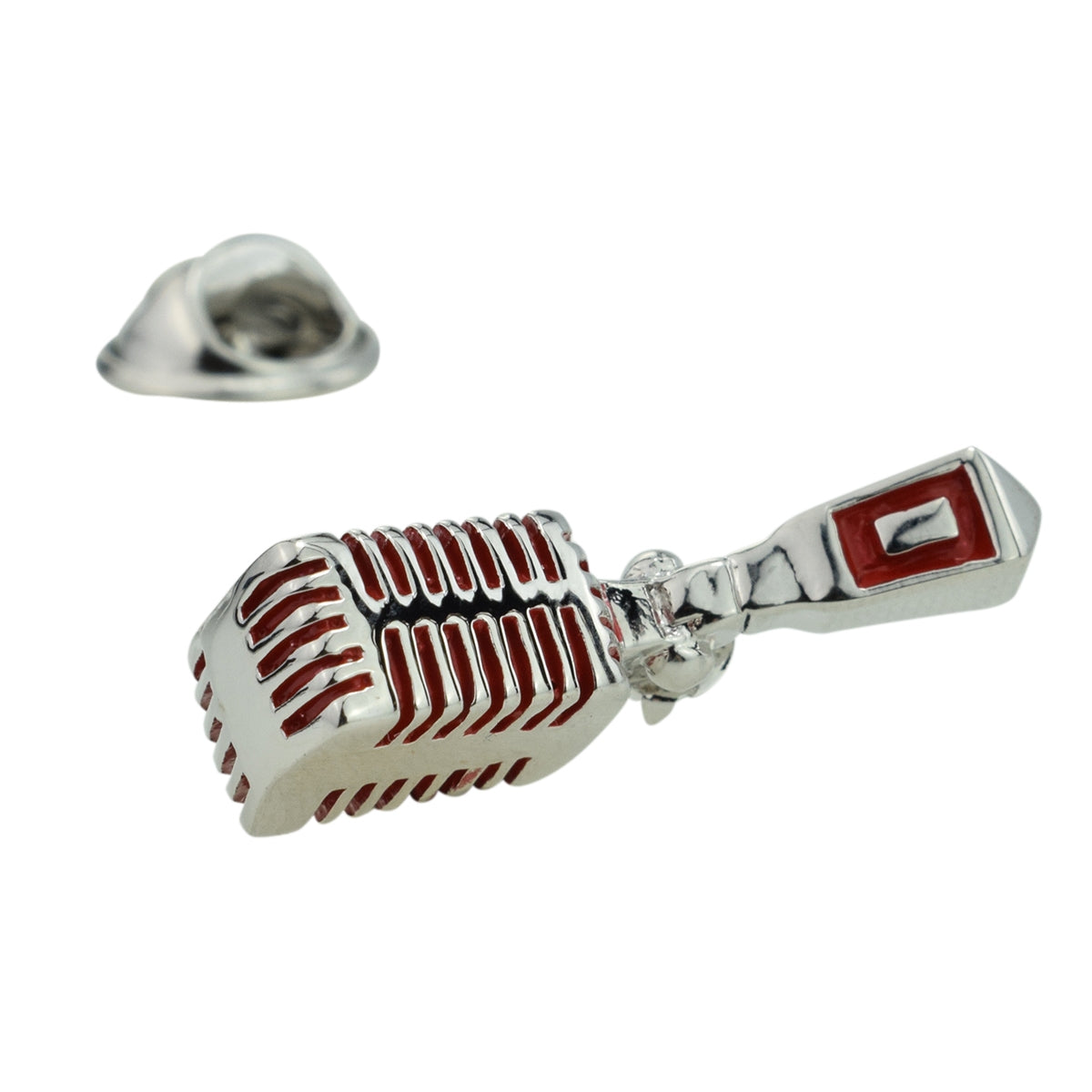 Red & Silver Retro Studio Microphone Music Lapel Pin Badge