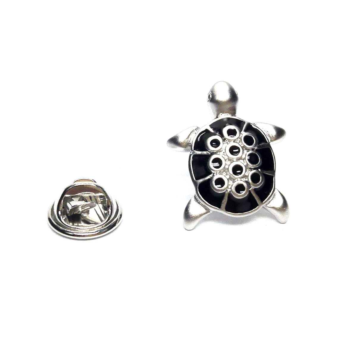 Pearl Finish & Black Enamel Design Turtle Lapel Pin Badge