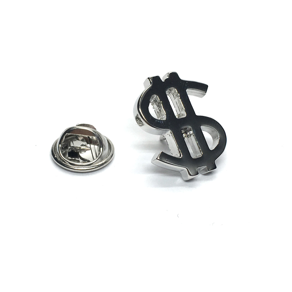 Rhodium Plated Dollar Sign Lapel Pin Badge