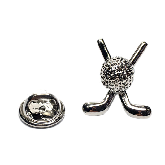 Rhodium Plated Crossed Golf Clubs & Ball Lapel Pin Badge
