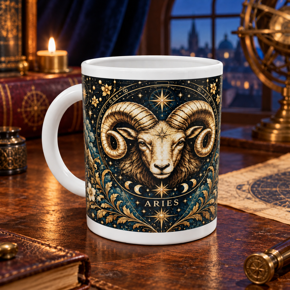 Aries Celestial zodiac wraparound mug with white top and bottom borders in an observatory setting