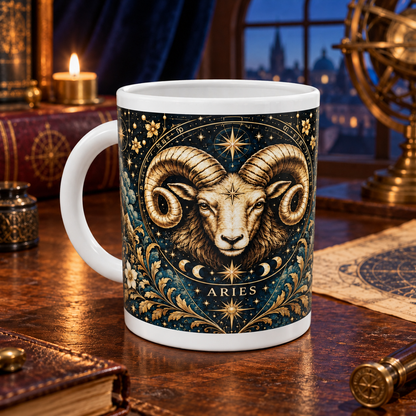 Aries Celestial zodiac wraparound mug with white top and bottom borders in an observatory setting