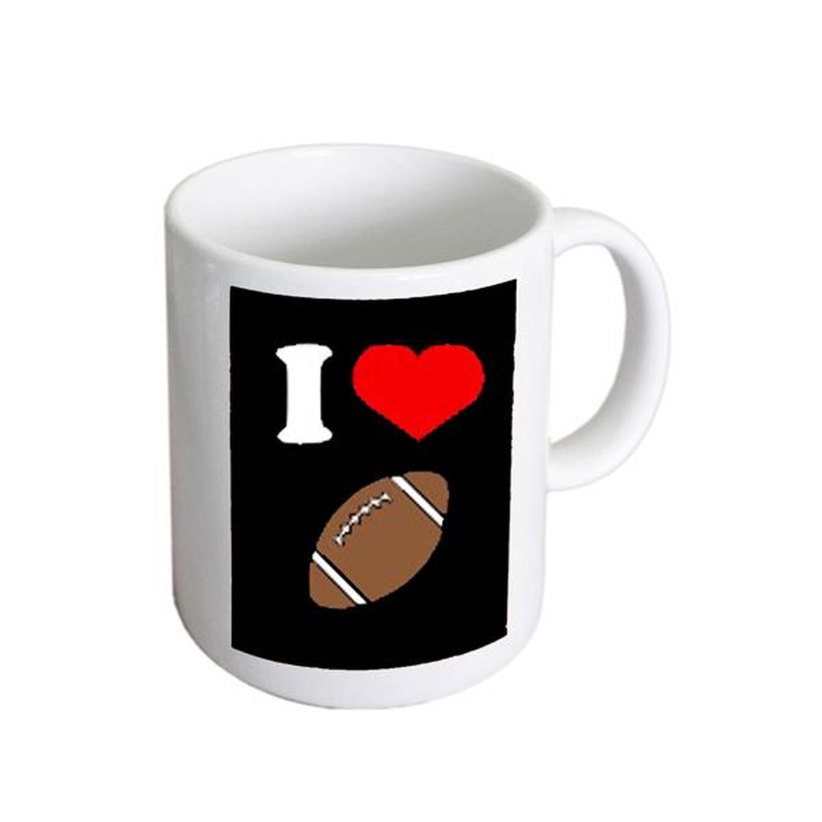 White mug with a red heart and brown American football on a black I love panel.