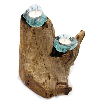 Molten Glass Double Candle Holder on Wood