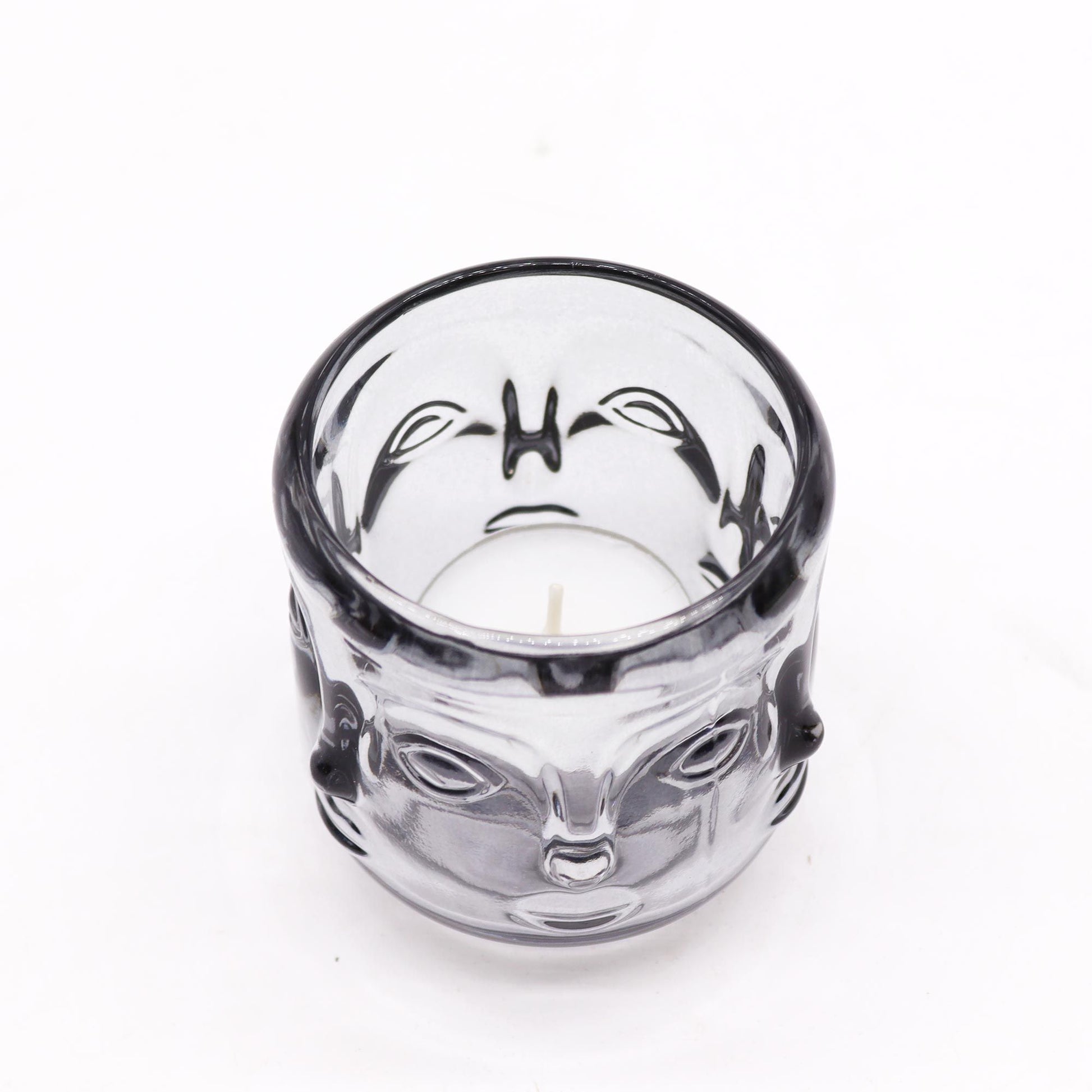 Buddha Faces Glass Candle Jar – Midnight Grey