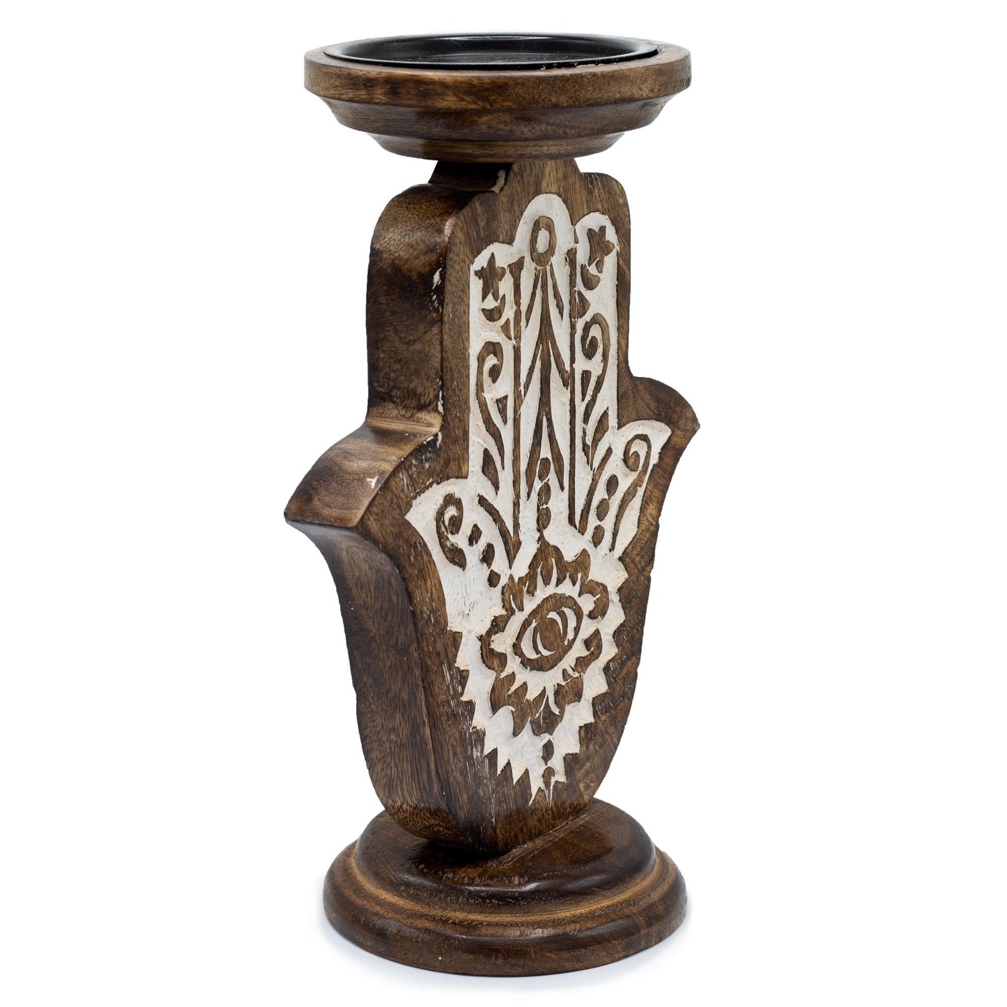 Mango Wood Candle Holder – Hamsa Design Large