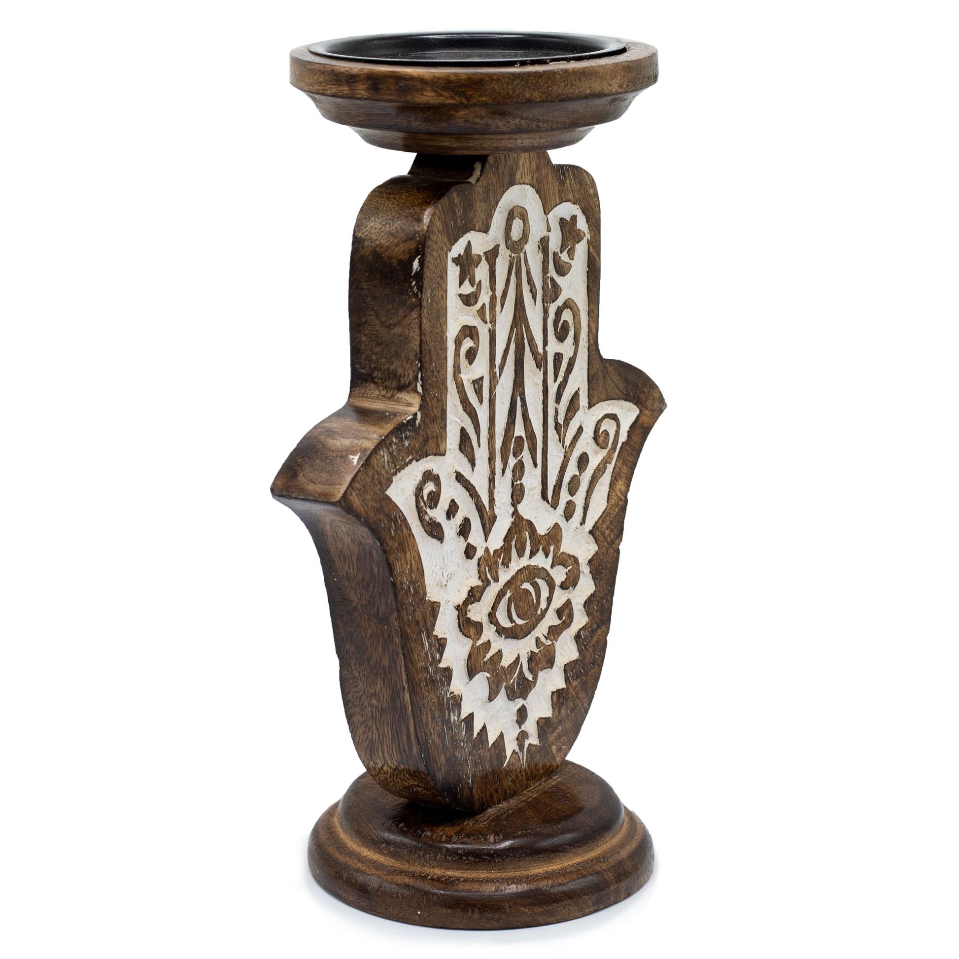 Mango Wood Candle Holder – Hamsa Design Large
