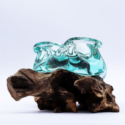 Molten Glass Chunky Ashtray Candle Holder on Wood 23cm