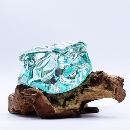 Molten Glass Chunky Ashtray Candle Holder on Wood 23cm