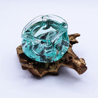 Molten Glass Chunky Ashtray Candle Holder on Wood 23cm