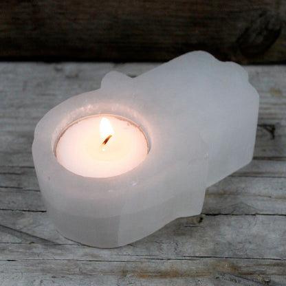 Selenite Hamsa Hand Candle Holder