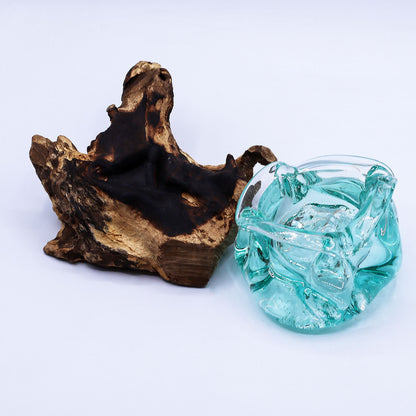 Molten Glass Chunky Ashtray Candle Holder on Wood 23cm