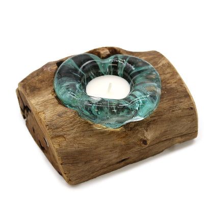 Molten Glass Single Candle Holder on Wood