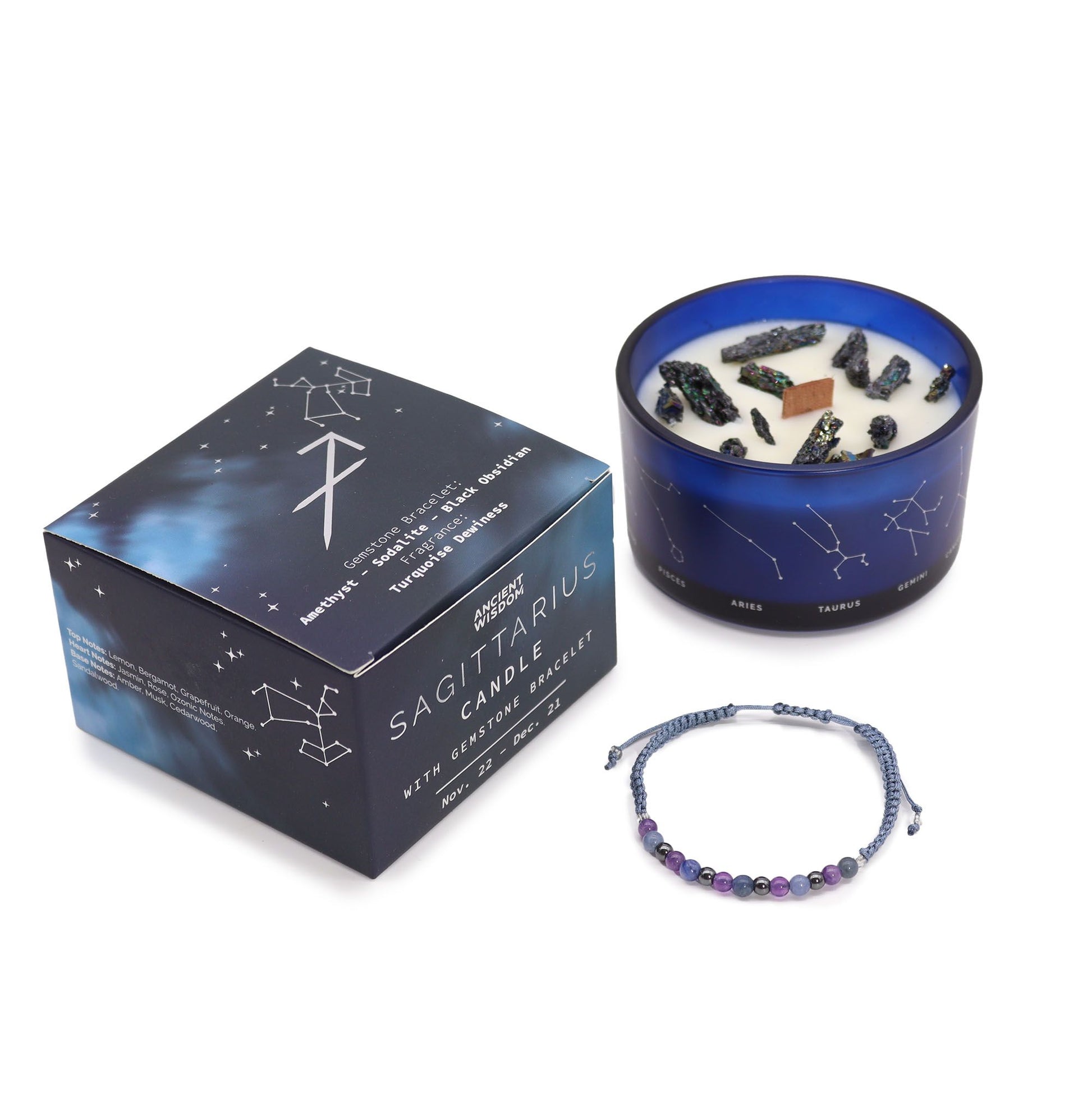 Zodiac Crystal Candle with Gemstone Bracelet – Sagittarius